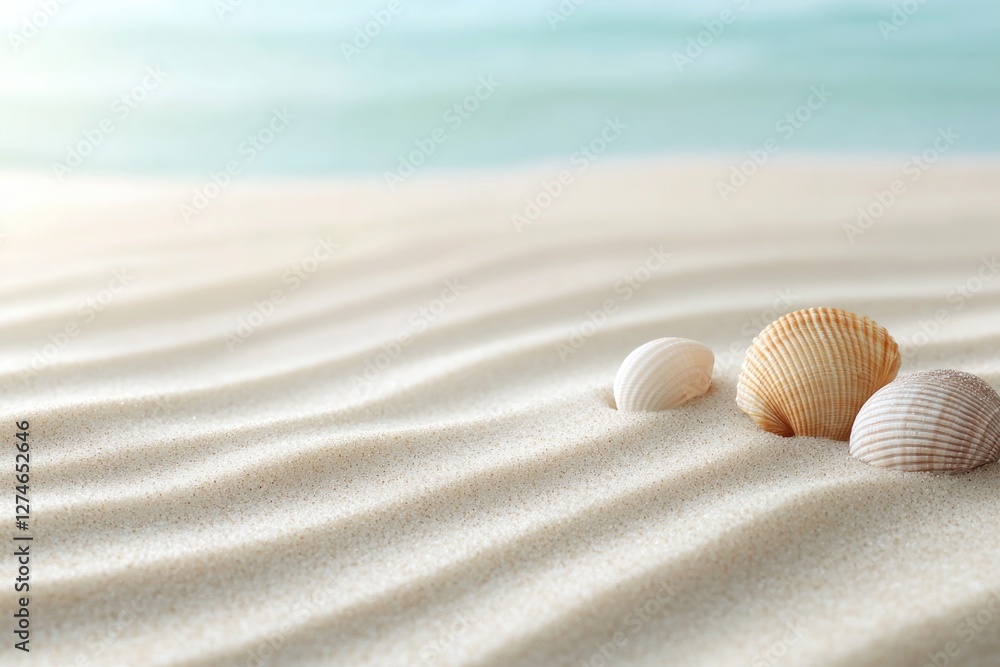 Gentle waves lap against soft sandy shore adorned with delicate Gentle waves lap against soft sandy shore adorned with delicate