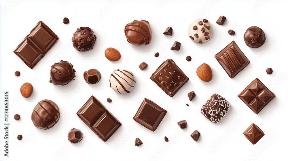 A rich, smooth chocolate piece, in different shapes, isolated on a white background, showcasing its creamy texture, deep color, and irresistible sweetness. A rich, smooth chocolate piece, in different shapes, isolated on a white background, showcasing its creamy texture, deep color, and irresistible sweetness.