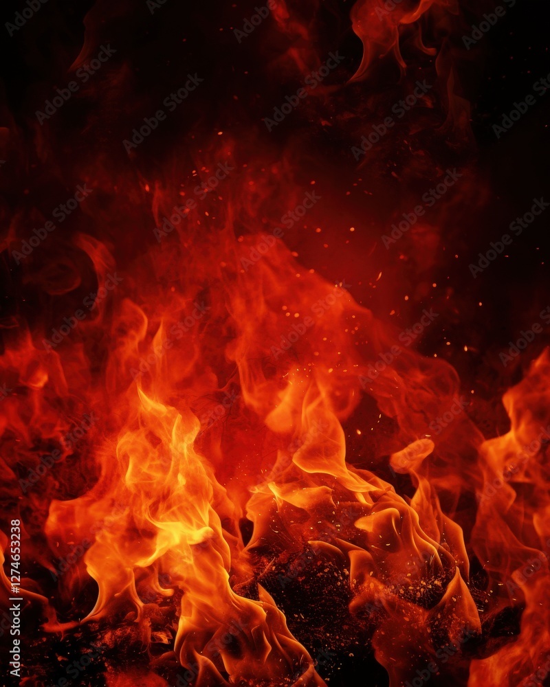 Fiery flames burn, creating heat and glowing embers on a dark background, suitable for graphics Fiery flames burn, creating heat and glowing embers on a dark background, suitable for graphics