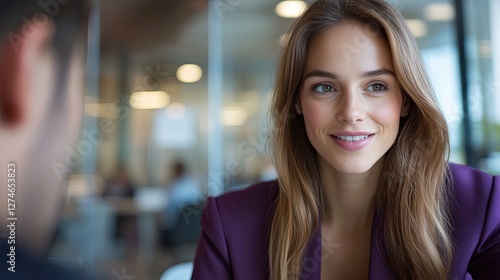 Smiling woman in modern office setting conveys warmth and confid Free Download Smiling woman in modern office setting conveys warmth and confid - GFXLoad