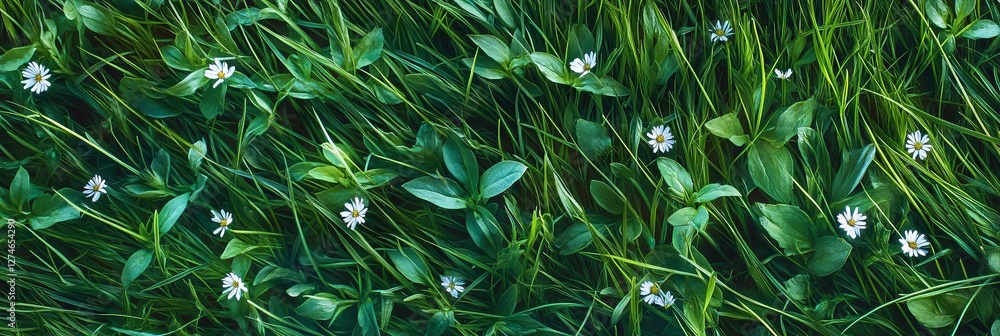 Fototapeta premium Spring and Summer Natural Background with Fresh Green Grass and Wildflowers in Morning Light, Outdoor Copy Space
