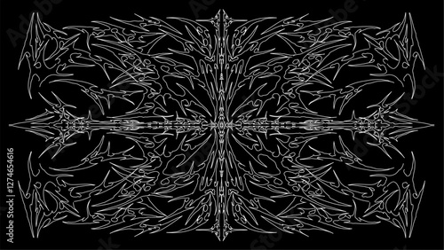 Symmetrical tribal ornament with sharp, intricate lines, perfect for tattoo design, metal music artwork, and dark-themed graphic projects