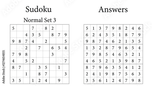 Sudoku Puzzle 9x9 Set 3 Normal with Answers, Fun Brain Training Game for Kids, Teens and Adults, Vector	