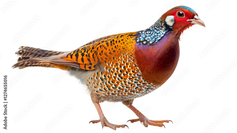 Fototapeta premium Colorful Temminck's tragopan pheasant walking gracefully on a transparent background, showcasing its vibrant plumage and unique features