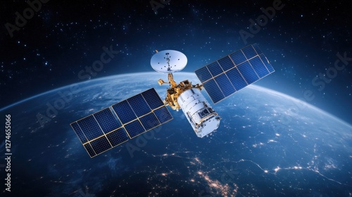 Wallpaper Mural A space satellite orbits Earth capturing valuable data about the planet. The satellite features solar panels and communications equipment contributing to scientific research Torontodigital.ca