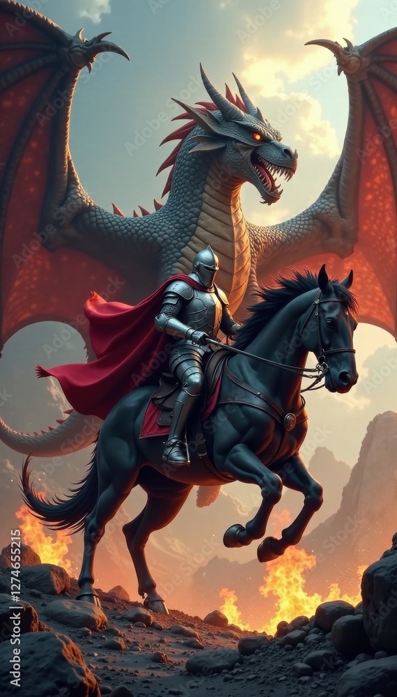 A knight on horseback battling a giant dragon with claws , armor, claws A knight on horseback battling a giant dragon with claws , armor, claws
