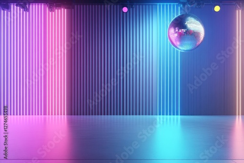 Wallpaper Mural An empty stage mock up showcases a prominent disco ball suspended above with colorful lights illuminating the surrounding area creating a lively atmosphere perfect for events and performances Torontodigital.ca