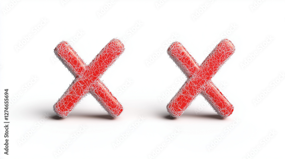 Obraz premium Two 3D cross, false mark, or check symbol icons red color isolated on a white background.