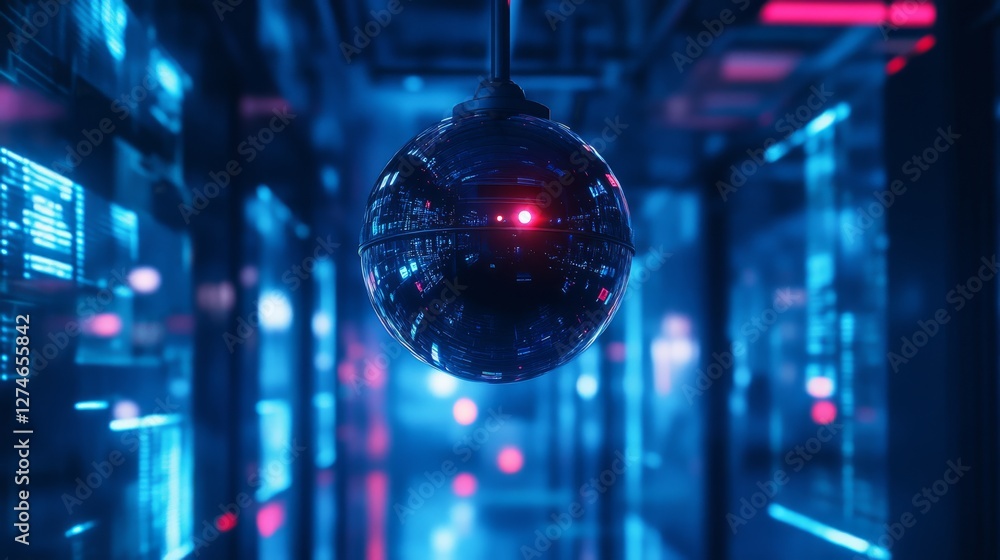 In a vibrant cyberpunk scene, a sleek surveillance dome camera floats in captivating neon blue, highlighted by dramatic lighting that enhances the futuristic ambiance of the environment In a vibrant cyberpunk scene, a sleek surveillance dome camera floats in captivating neon blue, highlighted by dramatic lighting that enhances the futuristic ambiance of the environment