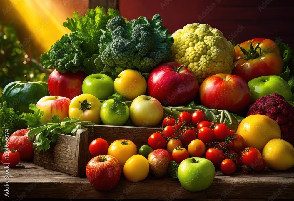 vibrant close display fresh organic fruits vegetables highlighting natural details, color, texture, red, green, yellow, orange, purple, arrangement, market vibrant close display fresh organic fruits vegetables highlighting natural details, color, texture, red, green, yellow, orange, purple, arrangement, market