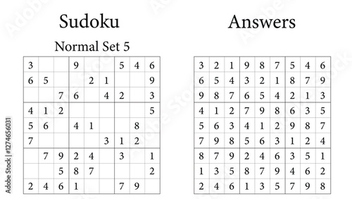 Sudoku Puzzle 9x9 Set 5 Normal with Answers, Fun Brain Training Game for Kids, Teens and Adults, Vector	