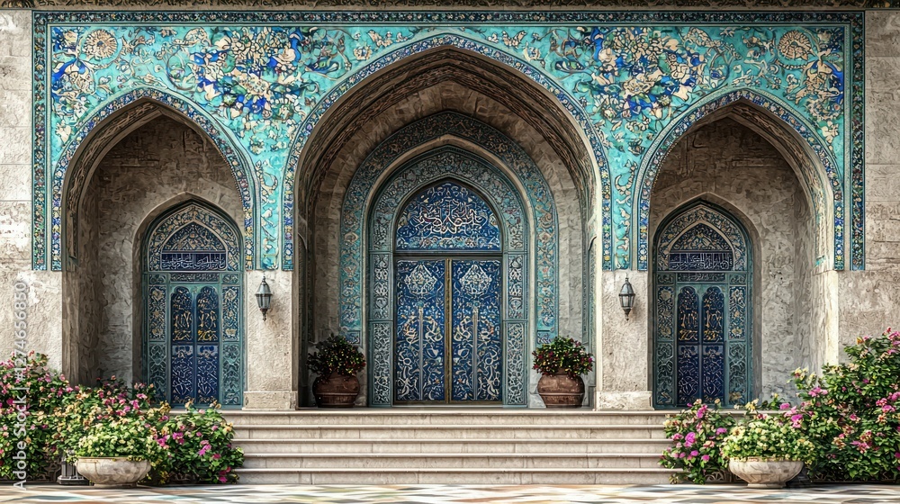 Obraz premium Ornate turquoise doors, Islamic architecture, entryway, floral planters, background building