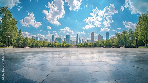 Urban Square with Trees and Blue Sky, White Clouds, Captured with a Wide-Angle Lens