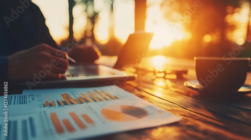 Person reviewing financial data outdoors at sunset. Warm light illuminates the scene, highlighting the charts and graphs.