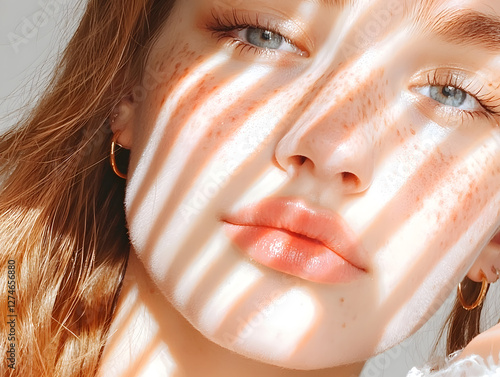 Captivating portrait of a young woman bathed in striped light studio setting close-up shot artistic expression photo