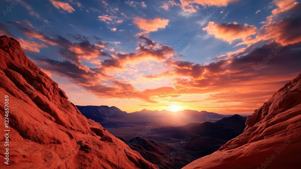 Naklejka premium Stunning sunset over rocky mountains with vibrant red and blue hues, showcasing beauty of nature