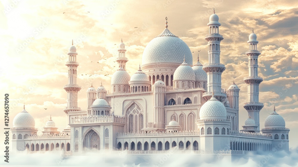 Fototapeta premium Majestic white mosque above clouds, sunrise; peaceful Middle Eastern scene, travel, tourism