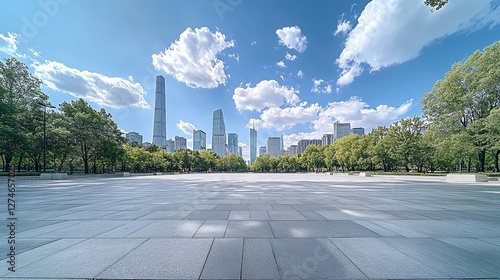Urban Square with Trees and Blue Sky, White Clouds, Captured with a Wide-Angle Lens