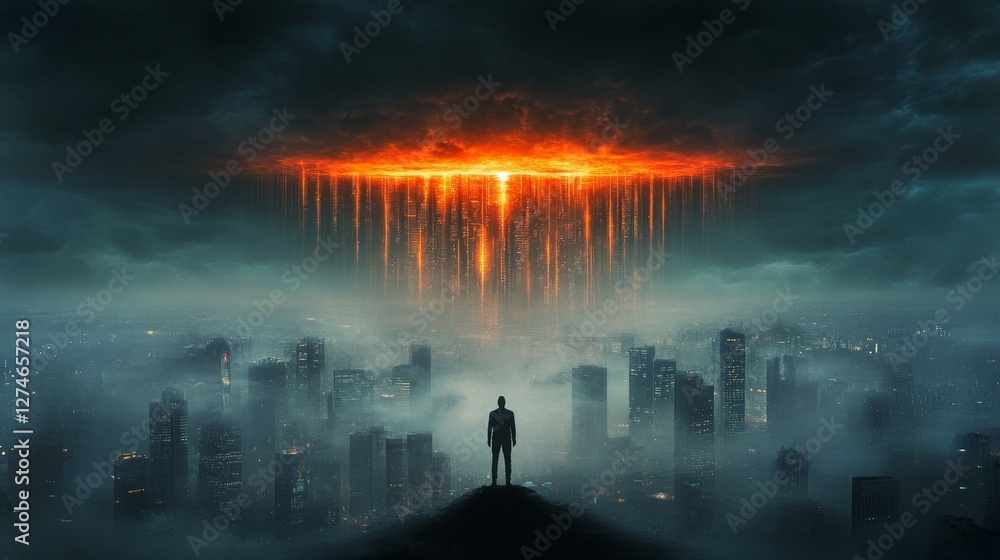 Dystopian skyline under a menacing orange glow from an unseen authority Dystopian skyline under a menacing orange glow from an unseen authority