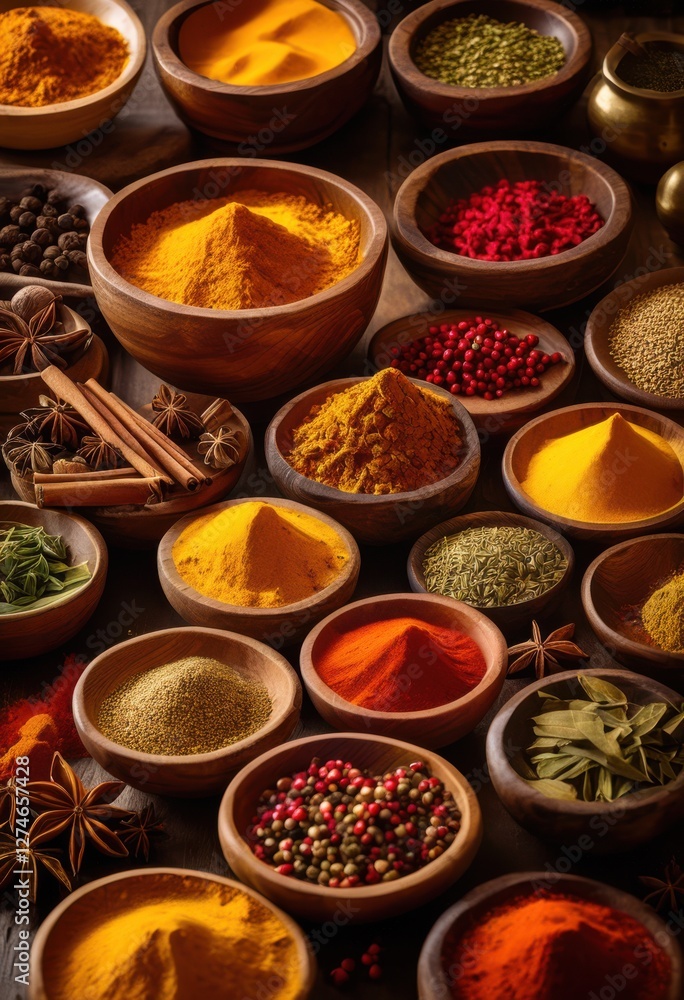colorful array vibrant spices spread across rustic wooden cutting board kitchen setting, paprika, cumin, oregano, rosemary, sage, thyme, turmeric colorful array vibrant spices spread across rustic wooden cutting board kitchen setting, paprika, cumin, oregano, rosemary, sage, thyme, turmeric
