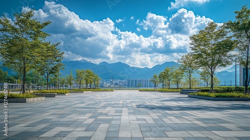 Urban Square with Trees and Blue Sky, White Clouds, Captured with a Wide-Angle Lens
