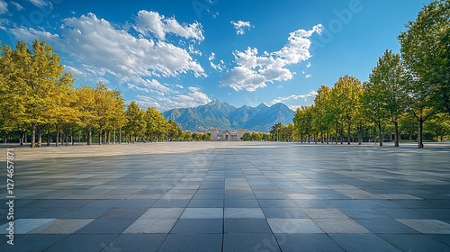 Urban Square with Trees and Blue Sky, White Clouds, Captured with a Wide-Angle Lens
