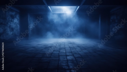 Empty foggy room lit from above. Use for horror, suspense, or mystery movie background