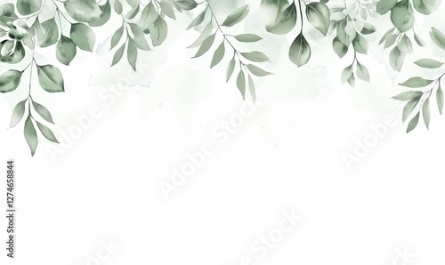 Foliage hanging on the top for greeting card use. Watercolor background