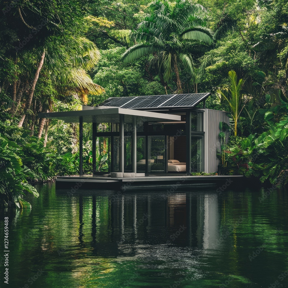 Obraz premium A small house is floating on a lake surrounded by trees