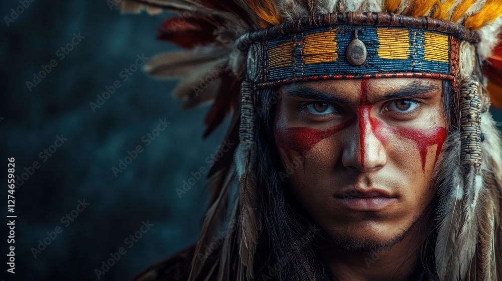 A striking portrait of a person with vivid tribal face paint and a headdress of feathers. A striking portrait of a person with vivid tribal face paint and a headdress of feathers.