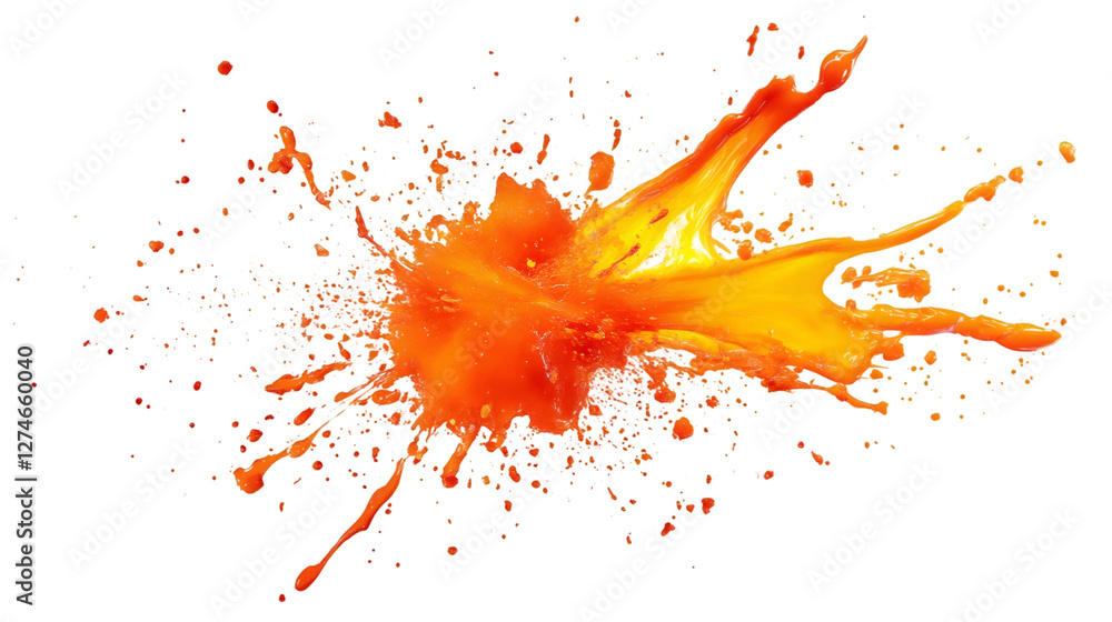 Orange and yellow juice splashing dramatically, creating a vibrant stain against a transparent background, showcasing the energy of fresh fruit Orange and yellow juice splashing dramatically, creating a vibrant stain against a transparent background, showcasing the energy of fresh fruit