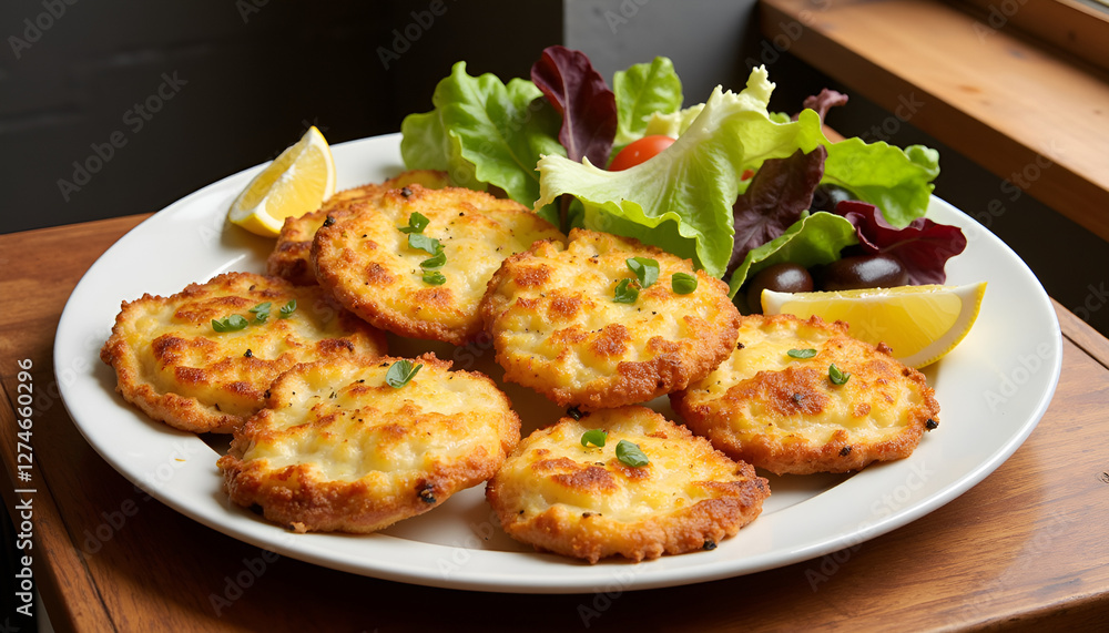 Chicken Potato Cutlets Served with Fresh Salad, Tomatoes, and Lemon Chicken Potato Cutlets Served with Fresh Salad, Tomatoes, and Lemon
