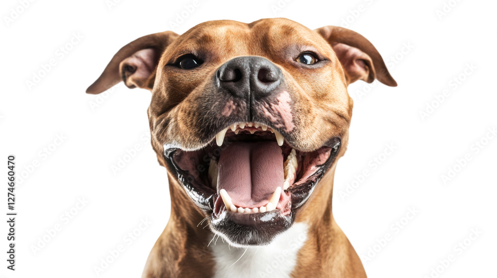 Close-up of smiling Pit Bull Terrier panting, tongue hanging out, bright teeth visible against white background Close-up of smiling Pit Bull Terrier panting, tongue hanging out, bright teeth visible against white background