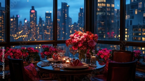 A romantic date night at a window-side cafe, with flower decor and a cityscape backdrop, offering a fine dining experience on Valentine's Day.