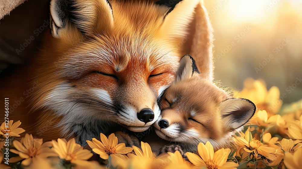 Obraz premium Fox Mother and Baby Kits Playing in a Summer Meadow, Fox Mother and Baby Love, Fox Mother and Baby Bonding.