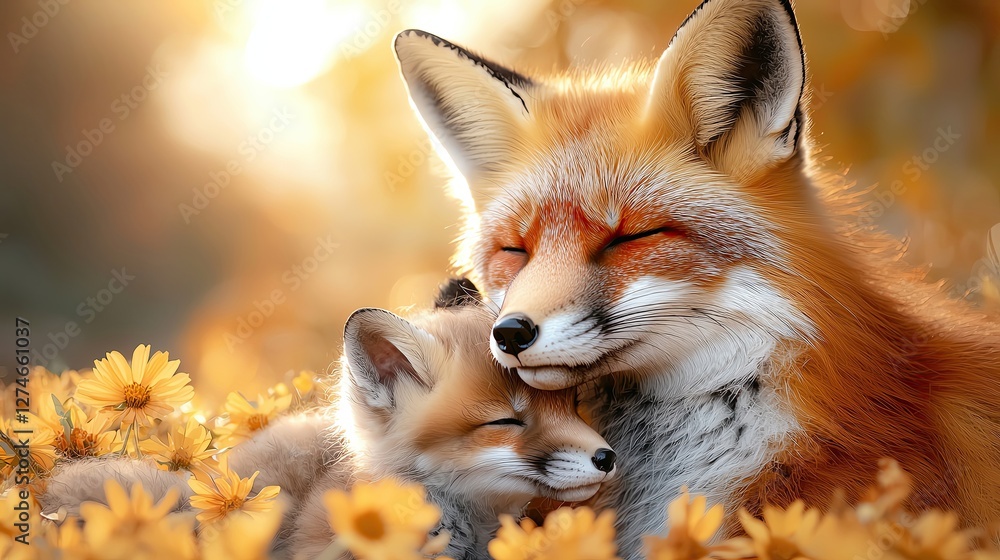 Fototapeta premium Fox Mother and Baby Kits Playing in a Summer Meadow, Fox Mother and Baby Love, Fox Mother and Baby Bonding.