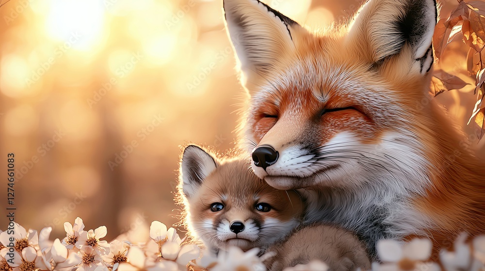 Fox Mother and Baby Kits Playing in a Summer Meadow, Fox Mother and Baby Love, Fox Mother and Baby Bonding. Fox Mother and Baby Kits Playing in a Summer Meadow, Fox Mother and Baby Love, Fox Mother and Baby Bonding.