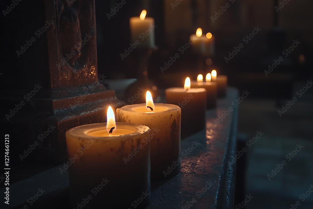 A row of lit candles in a dark room, with some closer to the camera and others further away, creating a serene and tranquil atmosphere. A row of lit candles in a dark room, with some closer to the camera and others further away, creating a serene and tranquil atmosphere.
