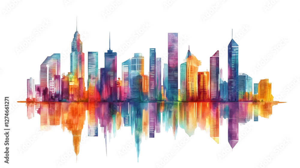 Obraz premium Watercolor cityscape reflecting luminously, urban scene blending with shimmering water surface