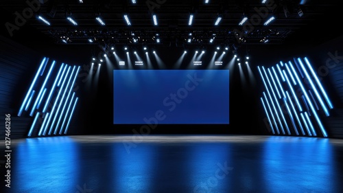Modern empty stage with blue lighting and large screen, ready for event or performance