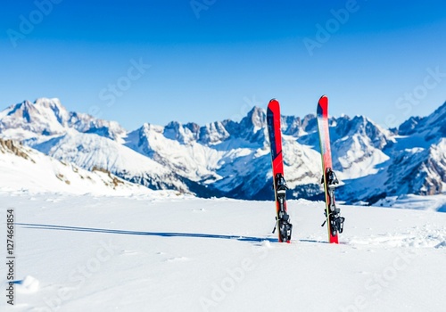 Skiing Adventure Red Skis Standing in Snow with Mountain View