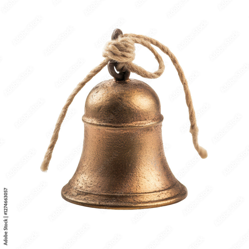 Bronze bell hanging with twine in a simple design cut out - stock png. Bronze bell hanging with twine in a simple design cut out - stock png.