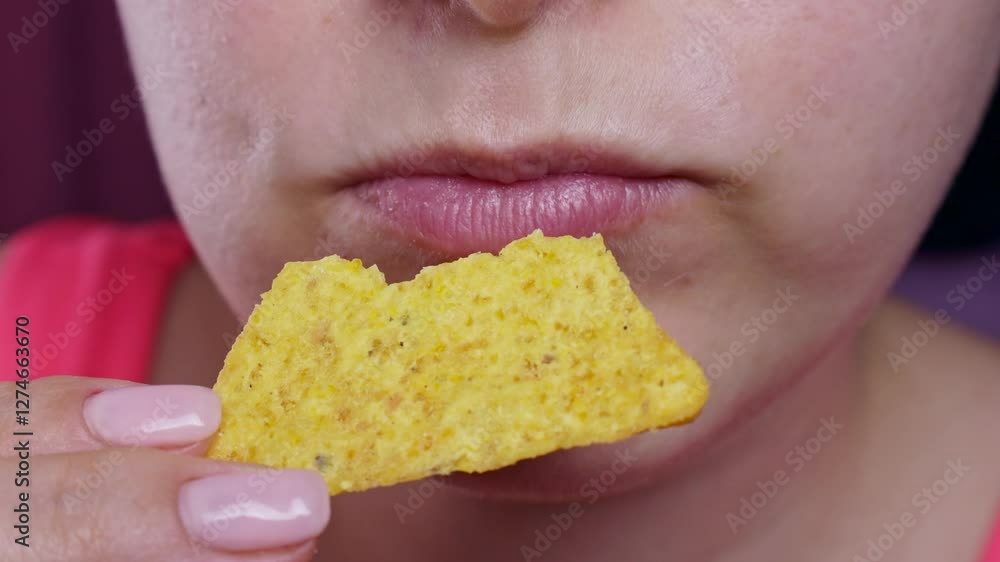Caucasian woman eating yellow corn nachos close up Caucasian woman eating yellow corn nachos close up
