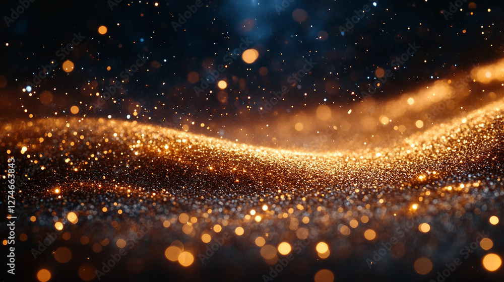 Naklejka premium Shimmering golden confetti scattered on dark velvet background