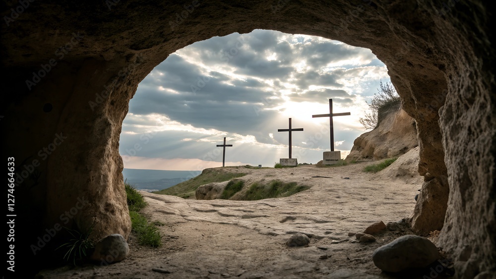 Crosses illuminated by sunlight at a rocky cave entrance Crosses illuminated by sunlight at a rocky cave entrance