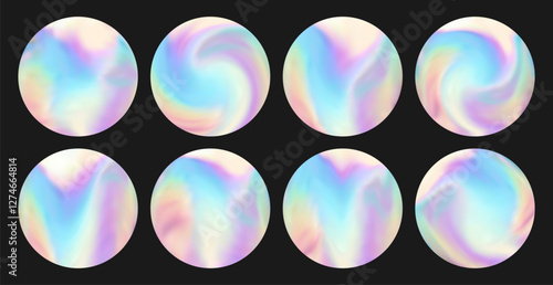 Set of colorful neon rainbow gradient fluid sticker template with holographic effect. Round shiny smooth mirror emblem, label. Isolated on black background EPS10 vector illustration.