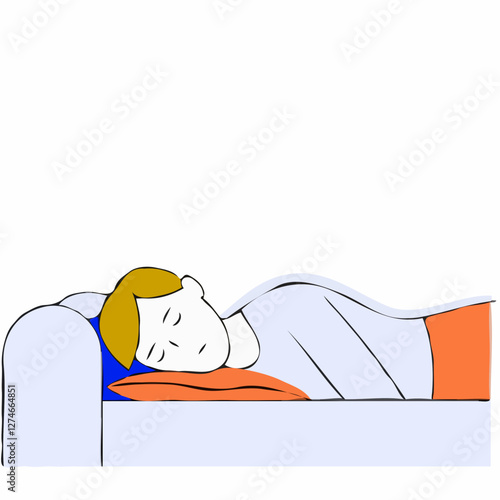 Sleeping young man with a serene expression lying on a bed against a minimalistic background