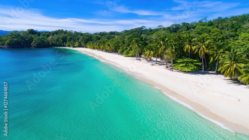 Wallpaper Mural Aerial view of tropical beach with palm trees and turquoise water under blue sky Torontodigital.ca