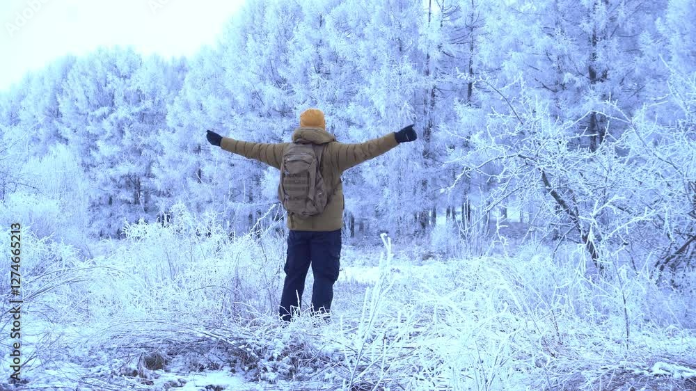A man in a yellow jacket with a backpack stands against the background of a winter landscape at twilight and enjoys the snow-covered trees alone. view from the back. A man in a yellow jacket with a backpack stands against the background of a winter landscape at twilight and enjoys the snow-covered trees alone. view from the back.