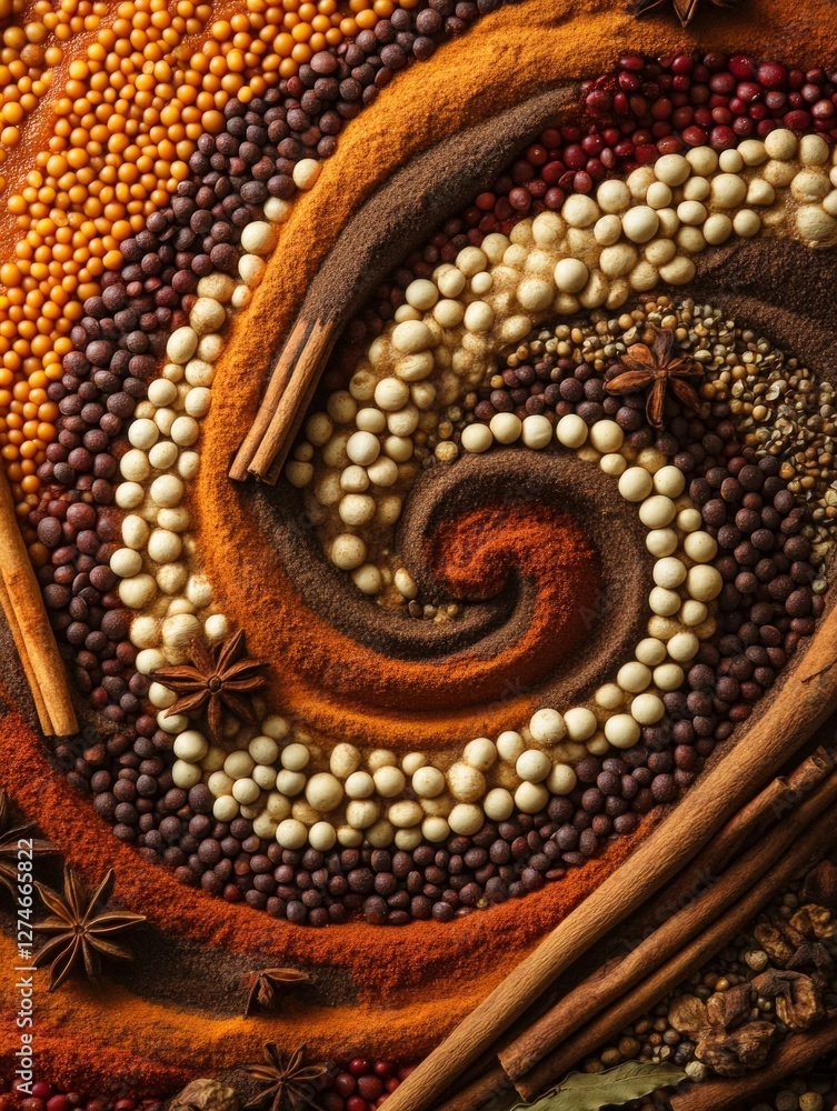 Spiral arrangement of cinnamon, nutmeg, star anise, and colorful spices for culinary inspiration Spiral arrangement of cinnamon, nutmeg, star anise, and colorful spices for culinary inspiration